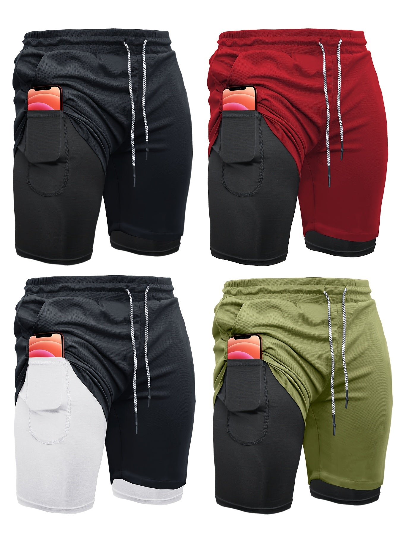 Mens 4 Piece 2 in 1 Sports Shorts with Inner Pocket