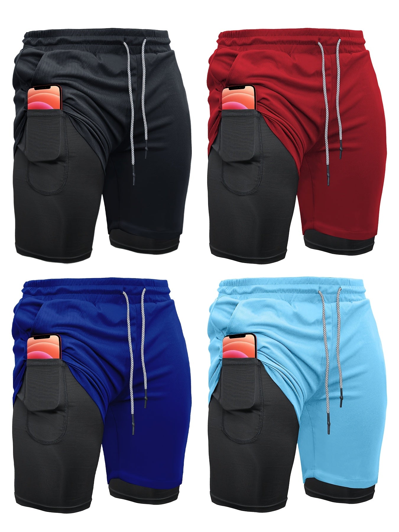 Mens 4 Piece 2 in 1 Sports Shorts with Inner Pocket
