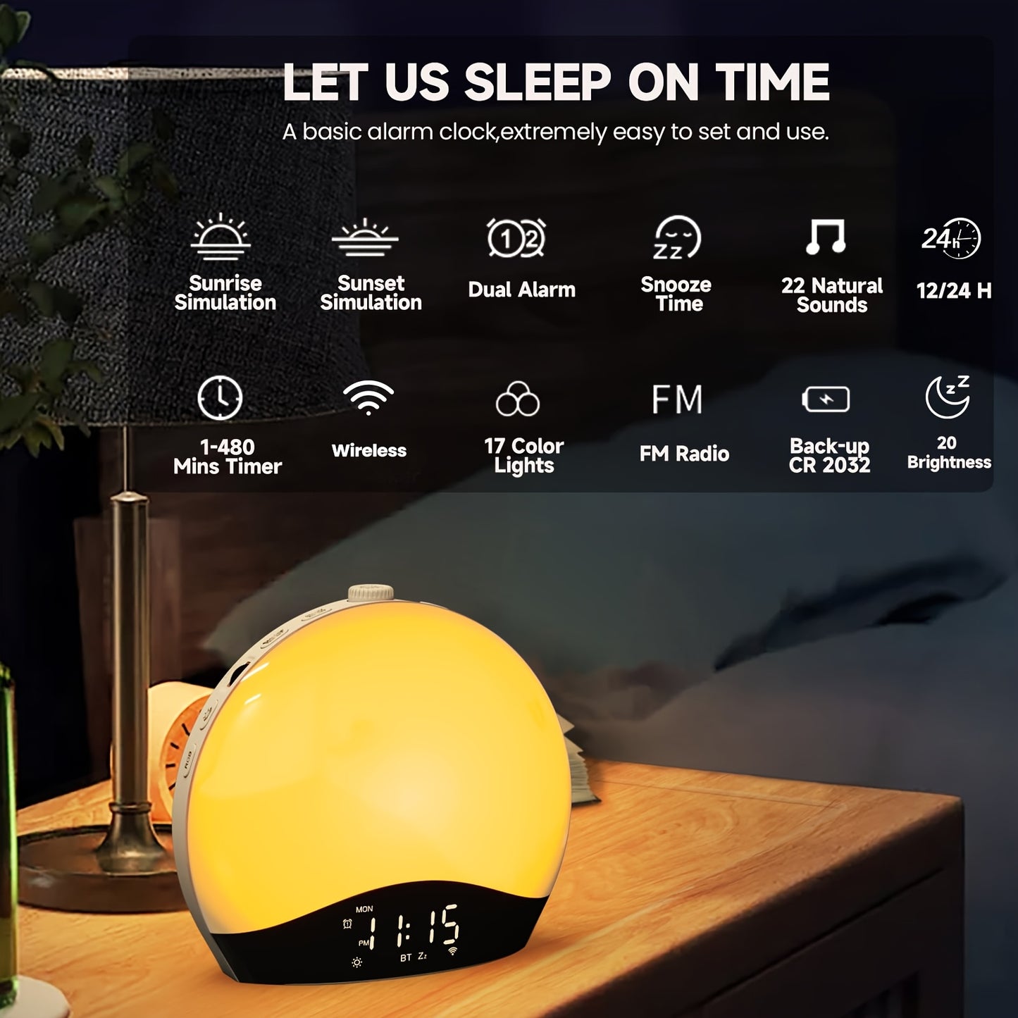 Sunrise Simulation Alarm Clock with Dual Alarms and Wireless Sound