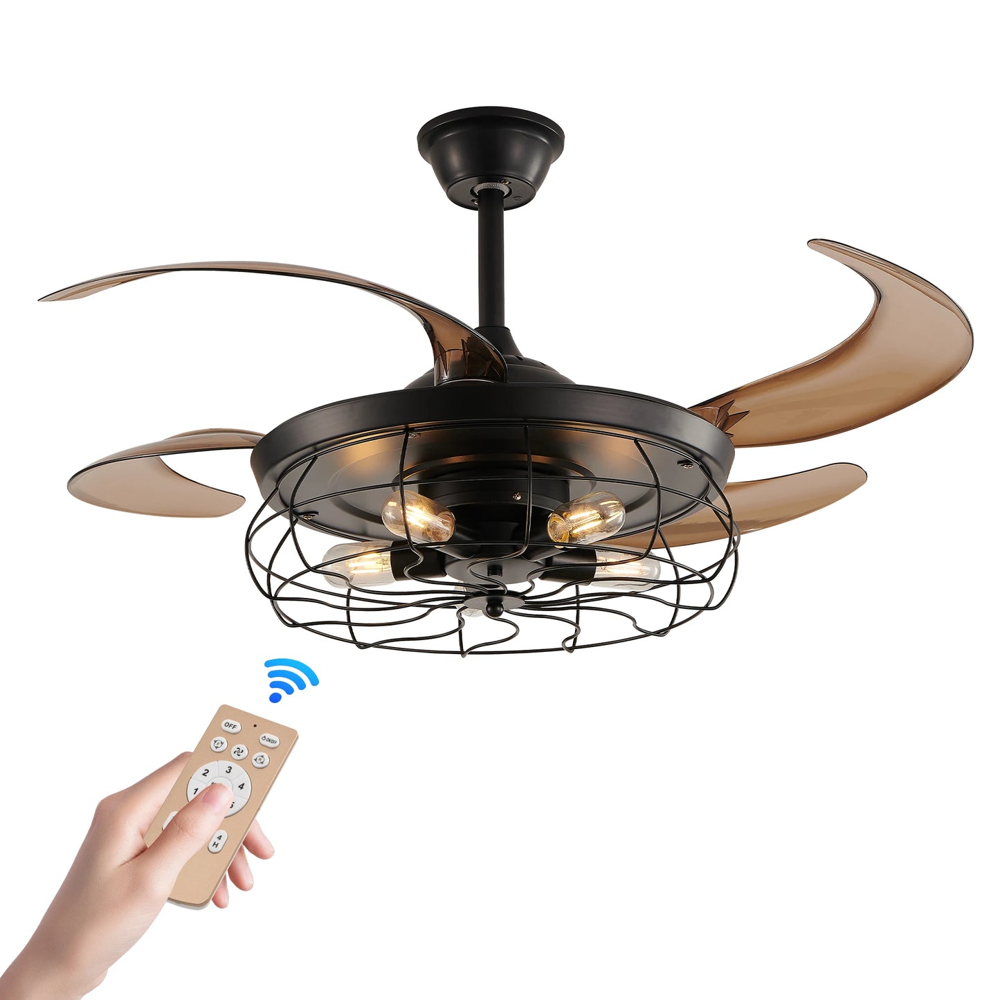 48" Black Remote Control Ceiling Fan Light Retractable 4-Blade Fan with Cage Design Adjustable Speed for Living Room, Bedroom