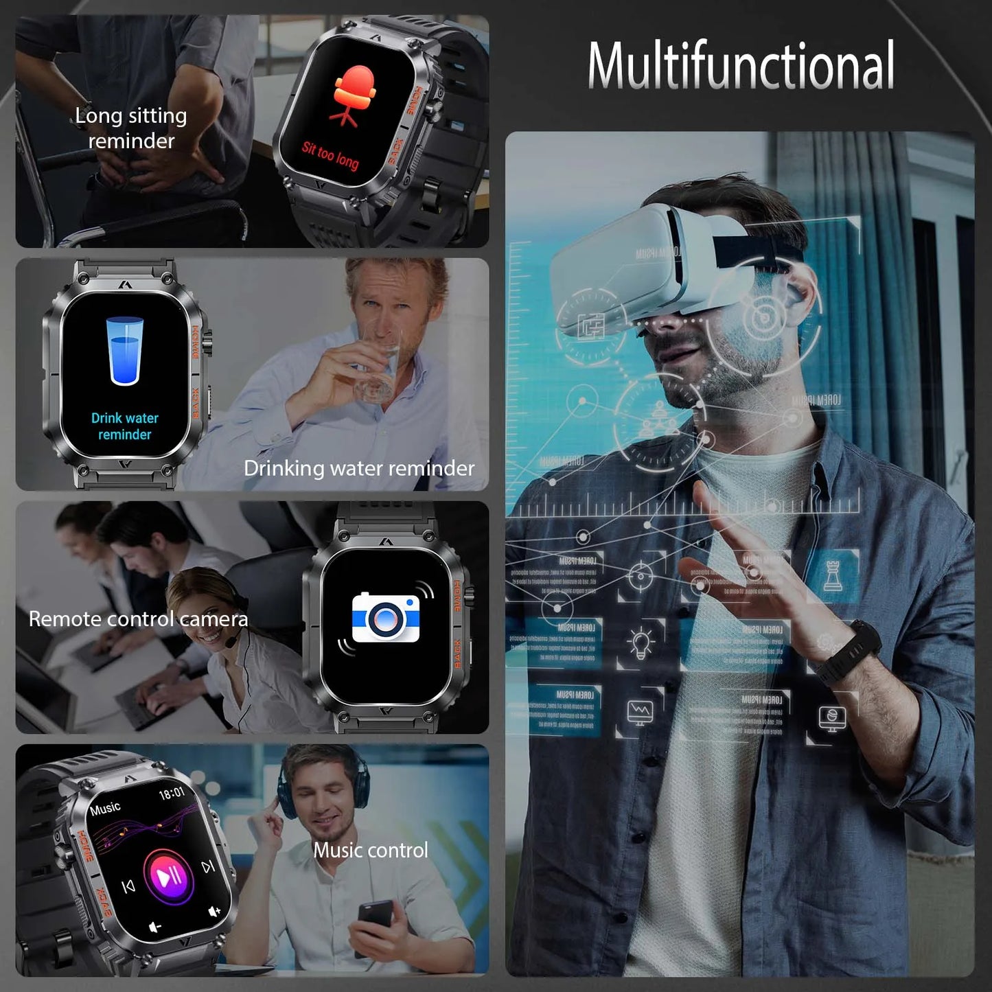 Military Smart Watch Waterproof Heart Rate Blood Pressure Tracker