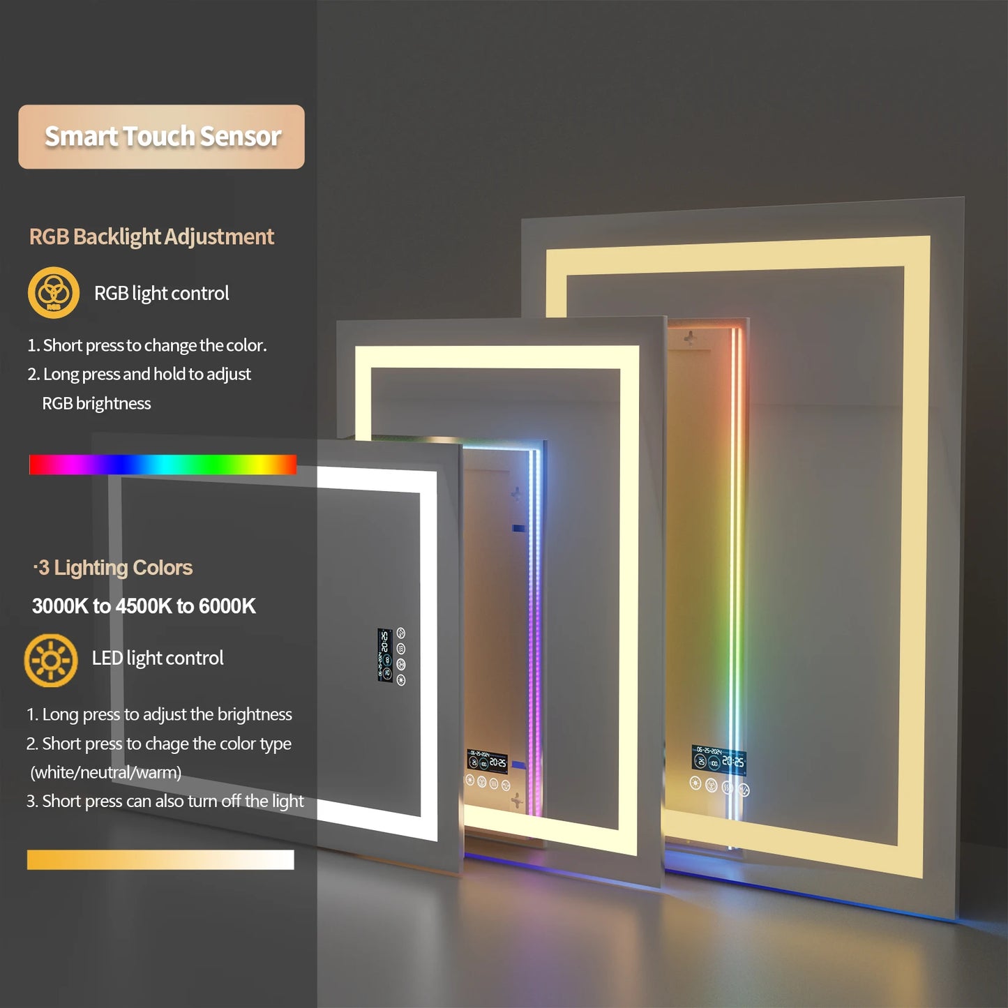 RGB LED Bathroom Mirror with Bluetooth Speaker, Anti-Fog & Dimmable Lighting