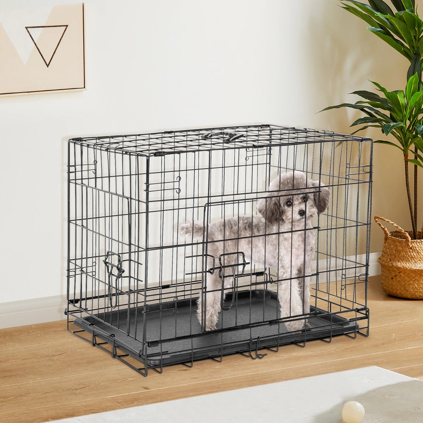 Foldable Metal Dog Crate with Double Doors & Leak-Proof Tray