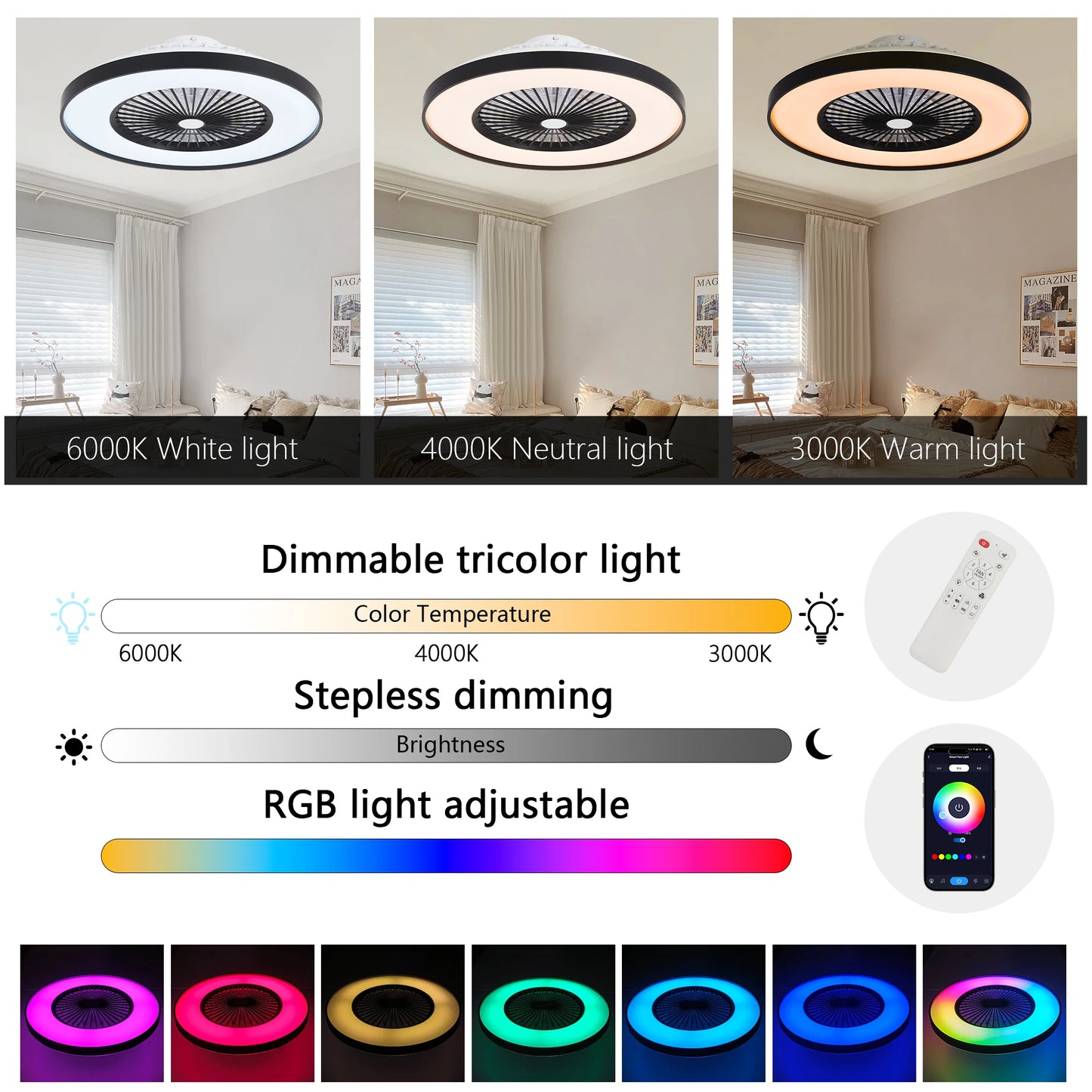 Smart RGB LED Ceiling Fan with Remote and App Control