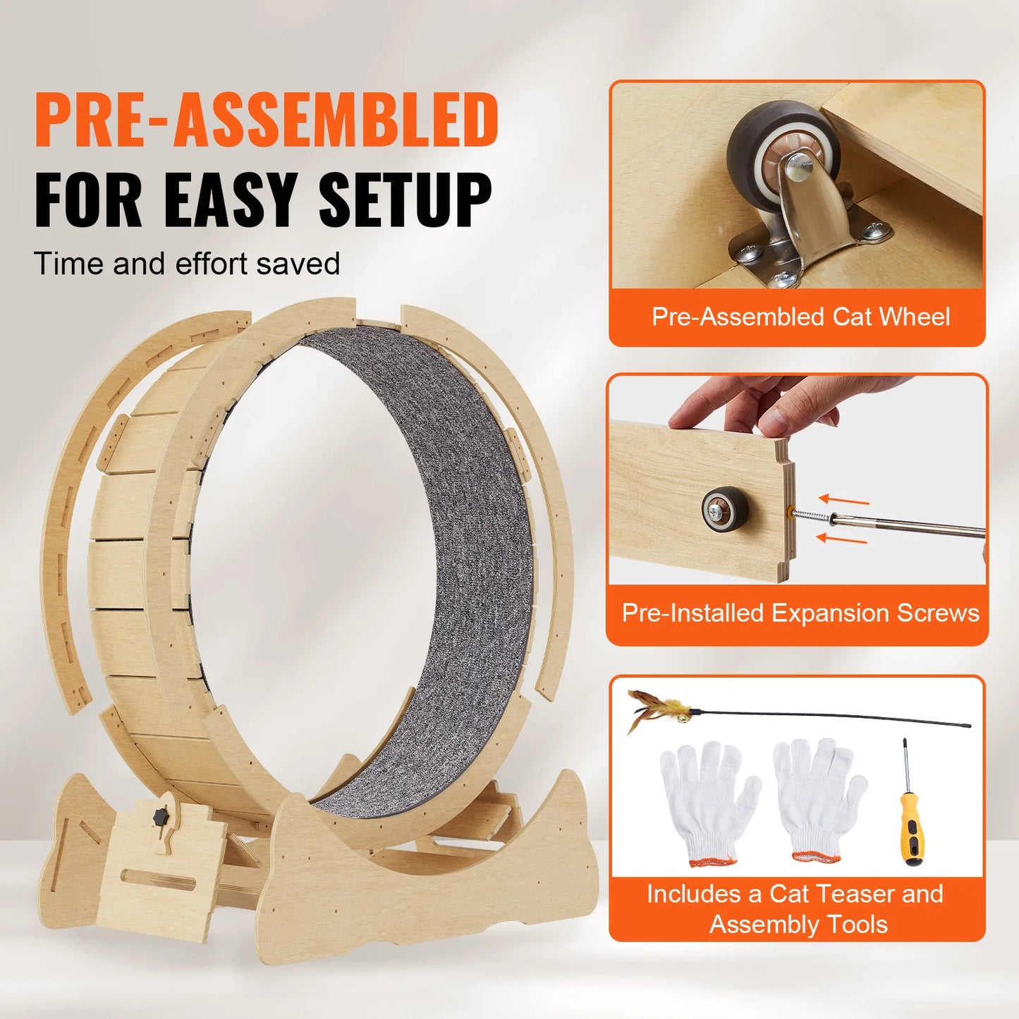 VEVOR Wooden Cat Exercise Wheel Silent Treadmill with Detachable Carpet