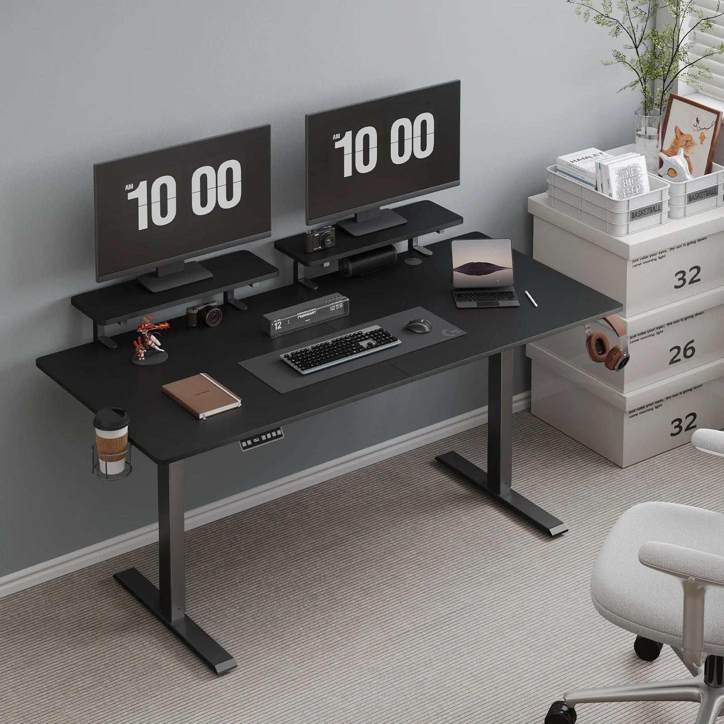 Electric Standing Desk with Adjustable Height and Dual Monitor Shelves