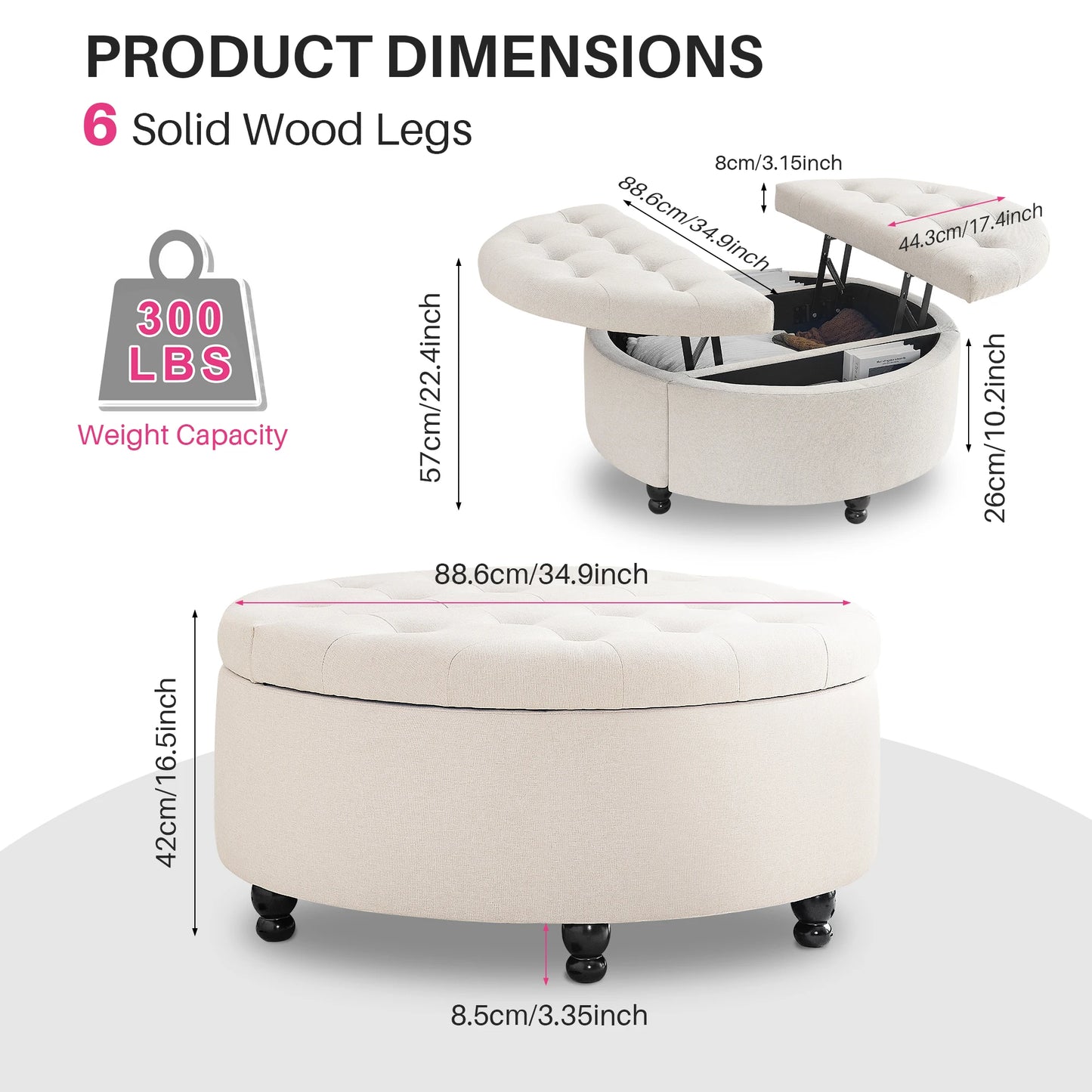 Round Storage Ottoman Coffee Table with Lift Top
