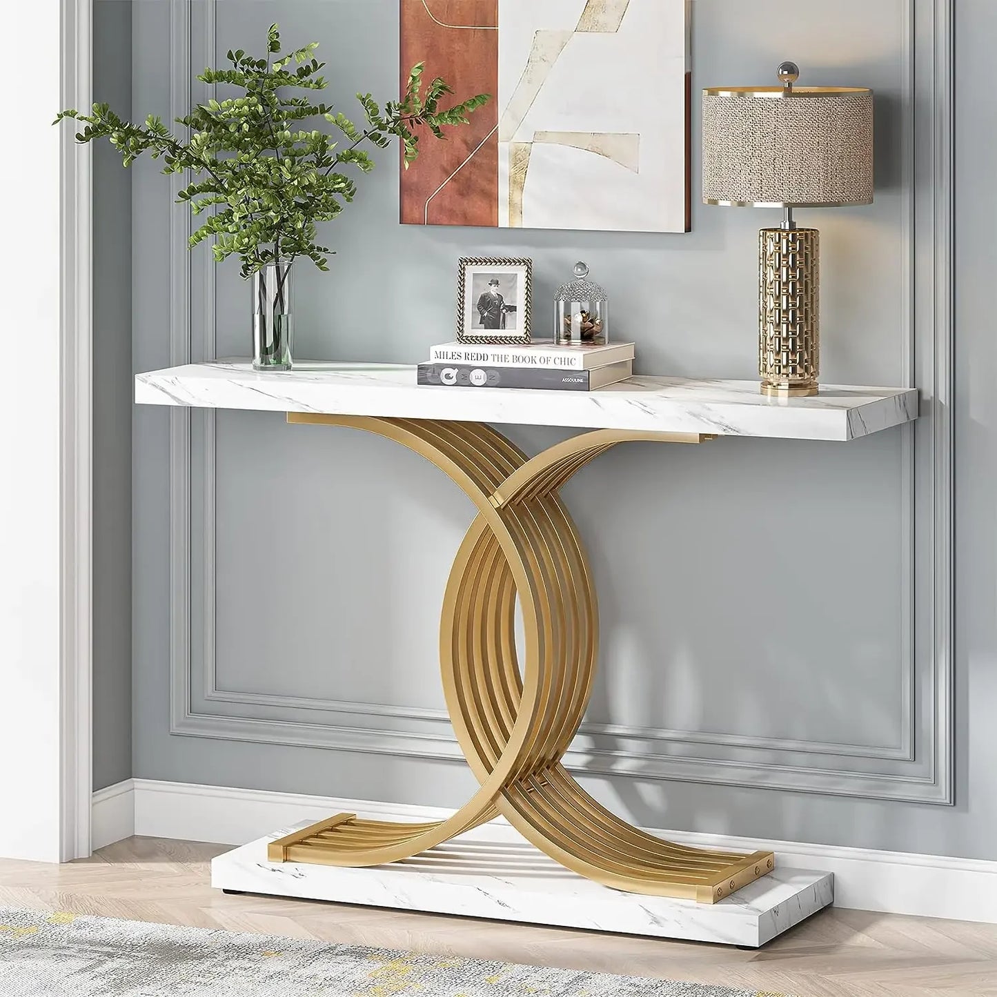 Tribesigns 39 Inch Modern Faux Marble Console Table with Gold Geometric Metal Legs for Entryway or Sofa