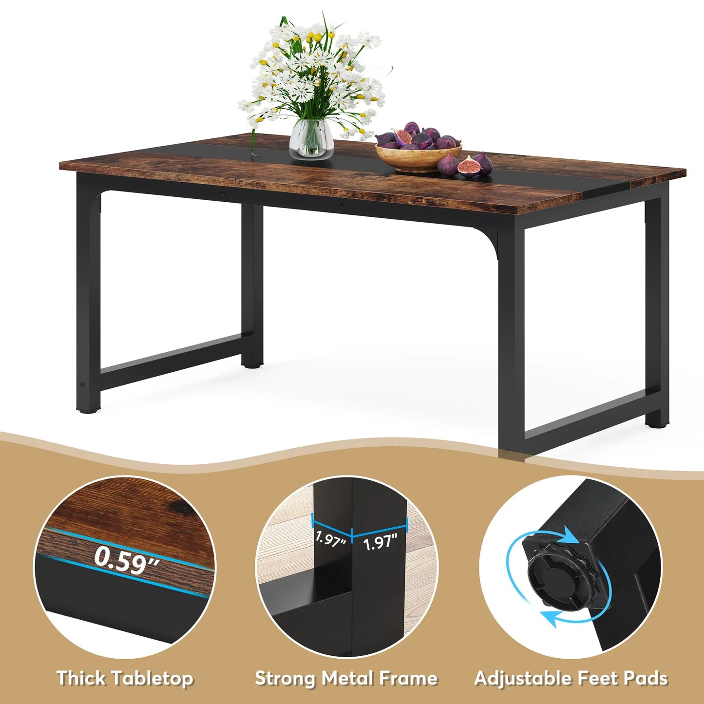 Modern 63-Inch Dining Table for 6-8 People – Sturdy Rectangular Kitchen Table
