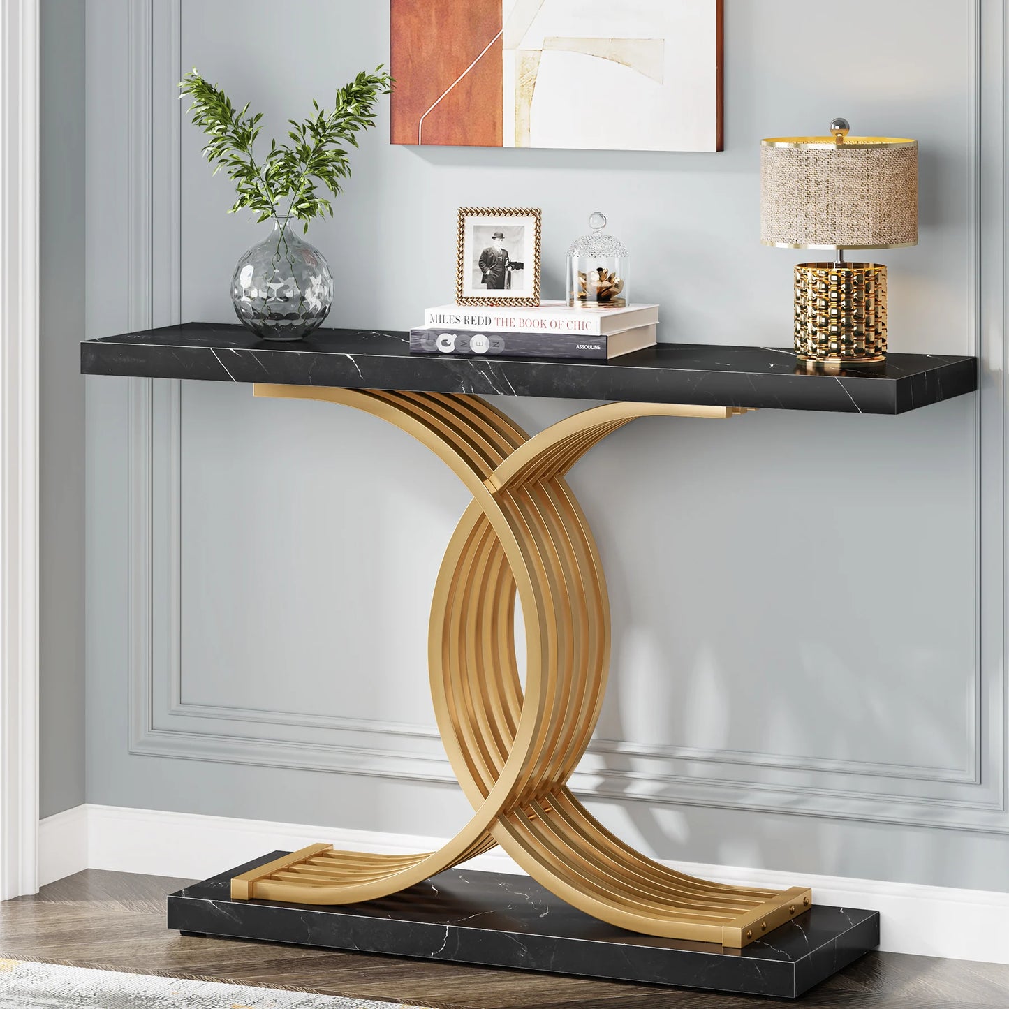 Tribesigns 39 Inch Modern Faux Marble Console Table with Gold Geometric Metal Legs for Entryway or Sofa