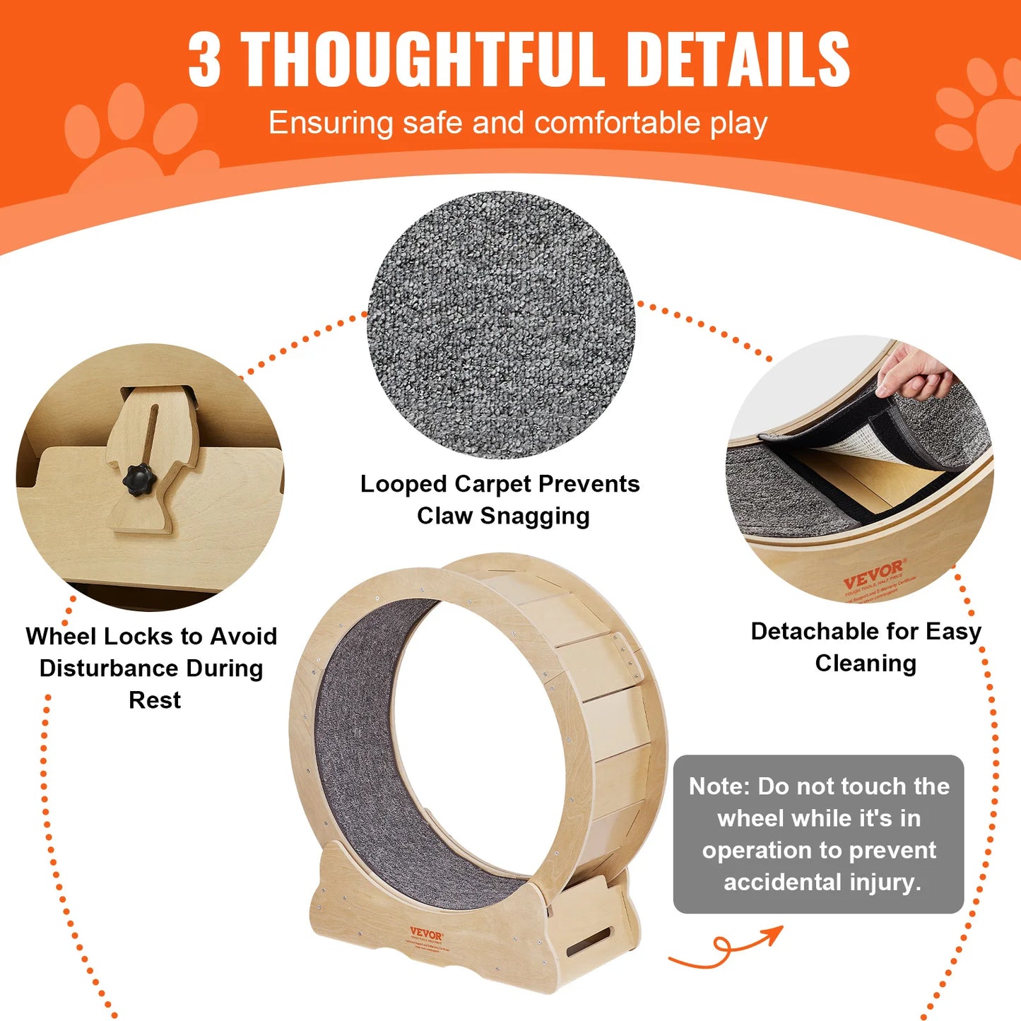 VEVOR Wooden Cat Exercise Wheel Silent Treadmill with Detachable Carpet