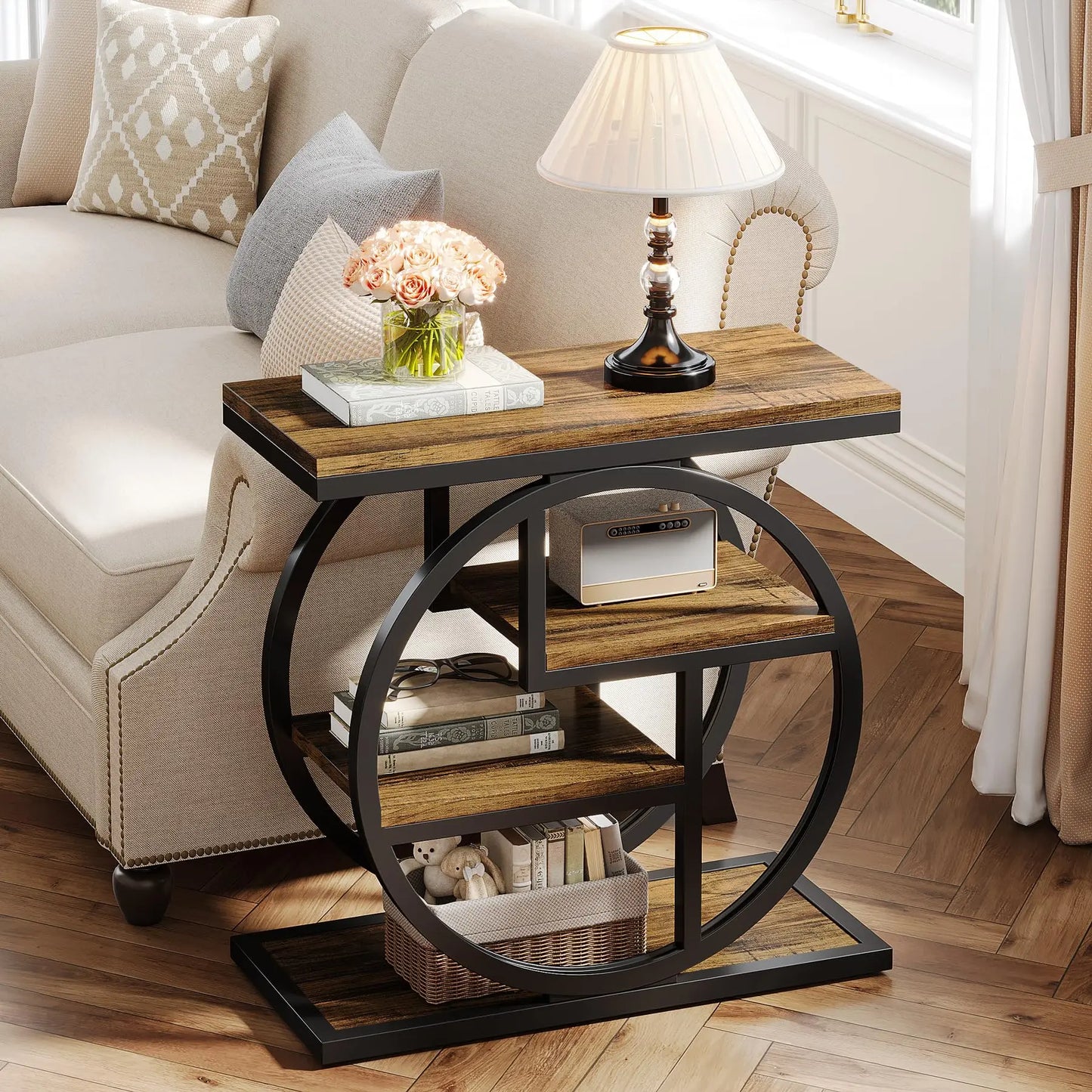 Rustic 4-Tier End Table with Storage Shelves for Living Room & Bedroom