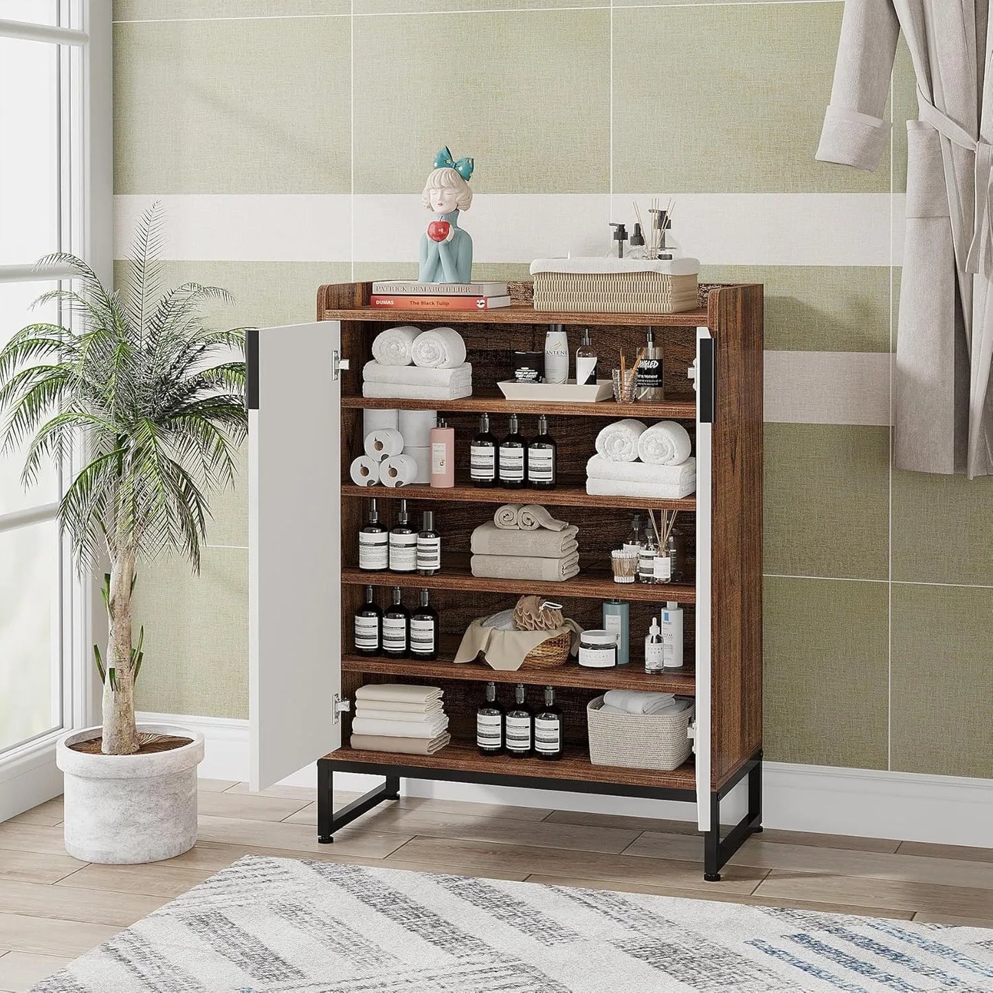 5 Tier Wood Shoe Cabinet with Doors for Entryway Storage