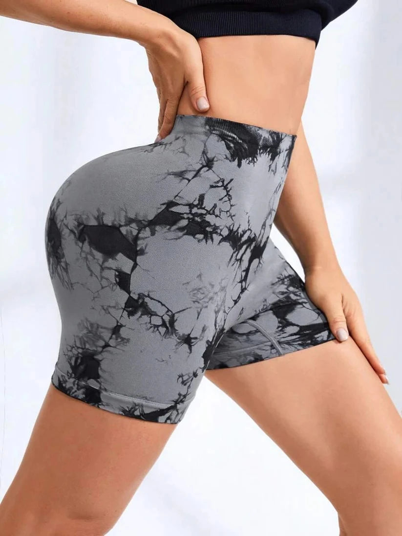 Tie Dye High Waist V Back Scrunch Seamless Yoga Shorts for Women