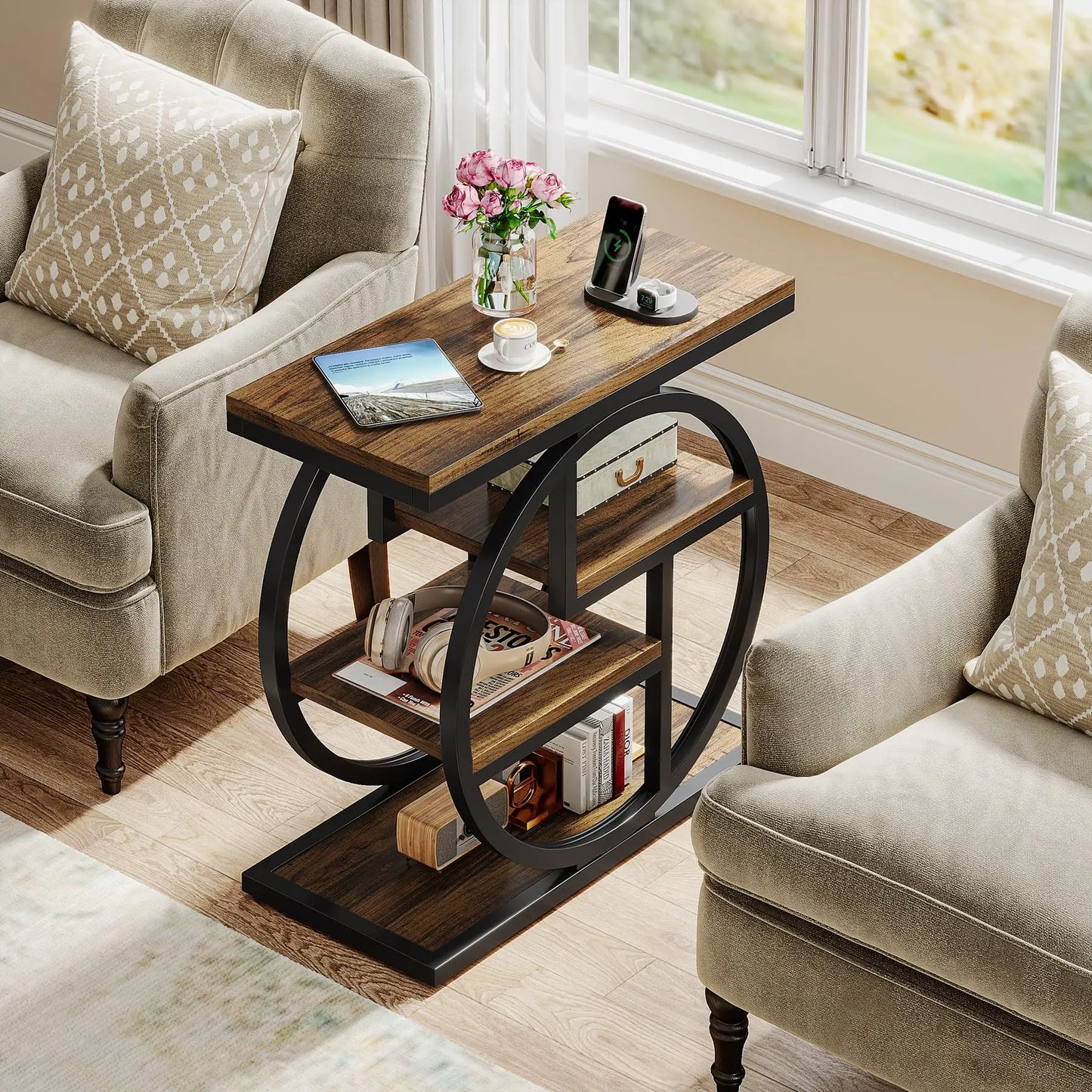 Rustic 4-Tier End Table with Storage Shelves for Living Room & Bedroom