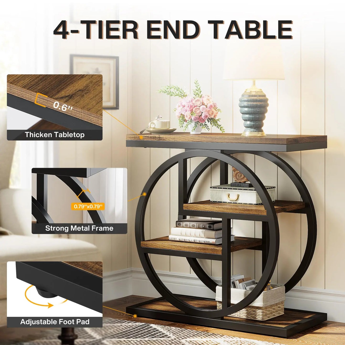 Rustic 4-Tier End Table with Storage Shelves for Living Room & Bedroom