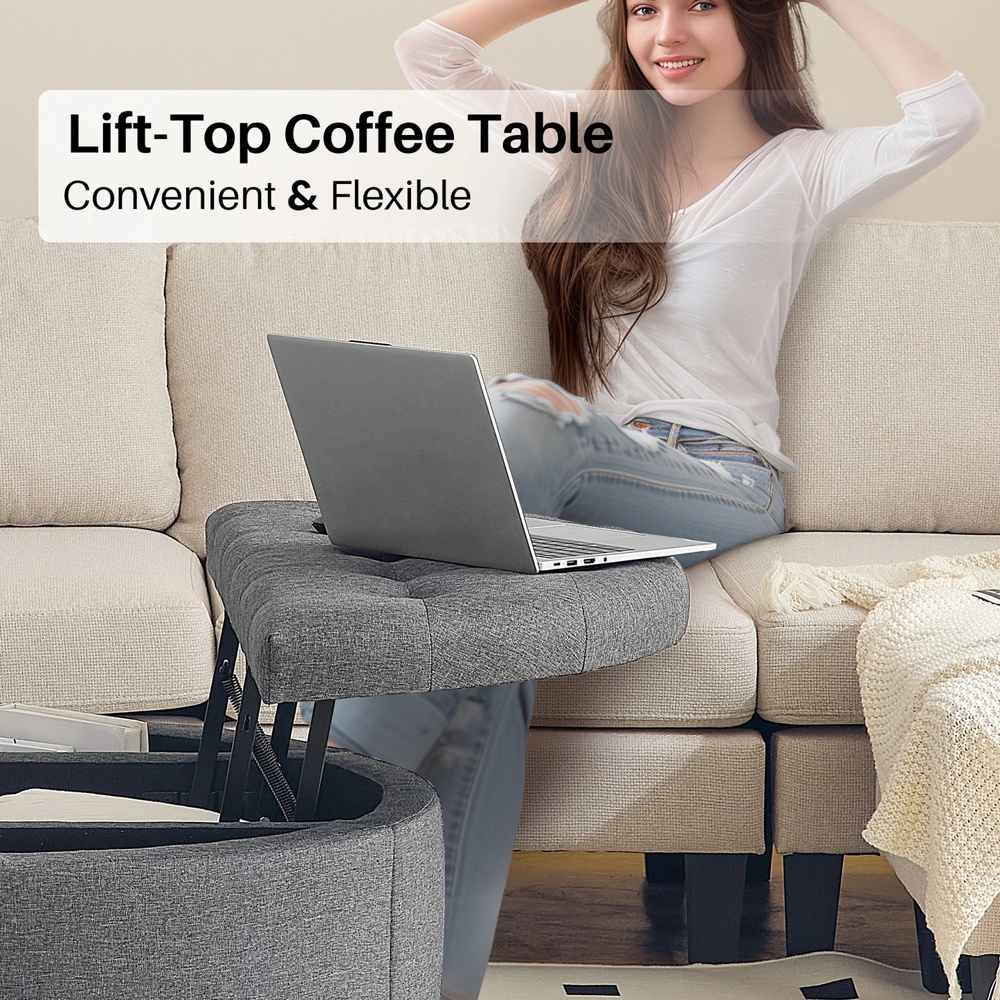 Round Storage Ottoman Coffee Table with Lift Top