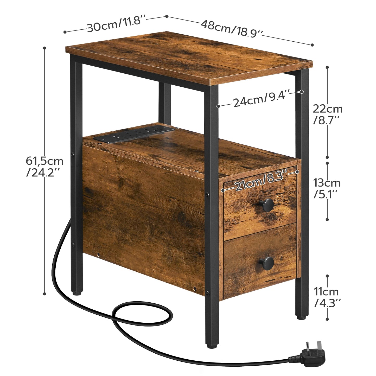 Rustic Nightstand with Charging Station and Storage Drawers