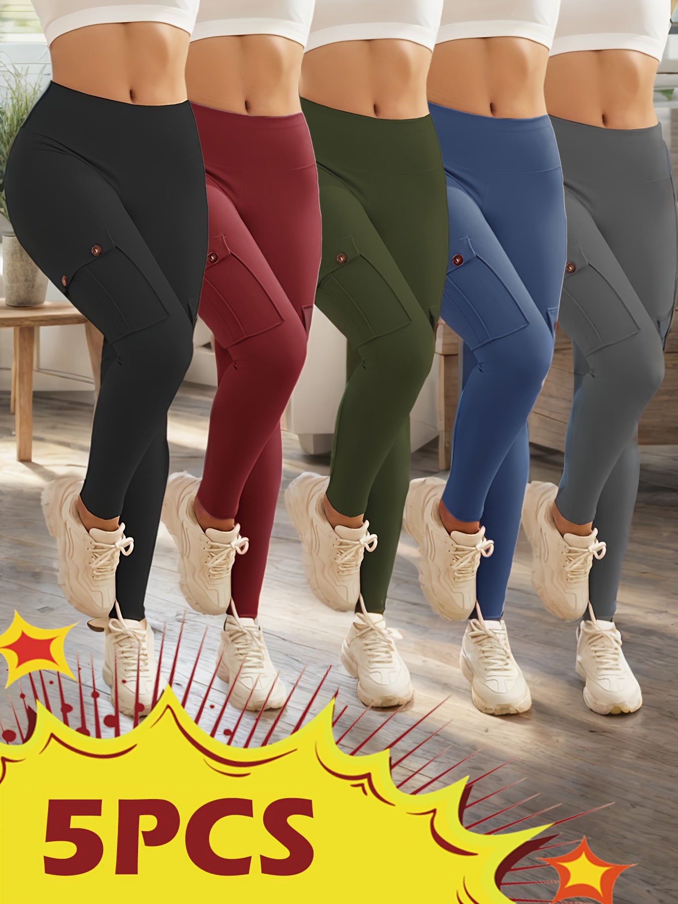 Womens 5 Piece High Waist Yoga Leggings with Pockets