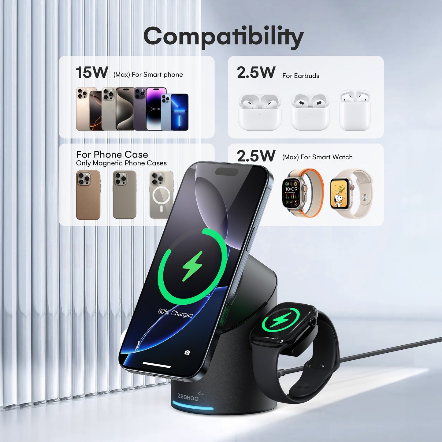 3 in 1 Wireless Charging Station 15W Fast Charger for Phone Watch and Earbuds