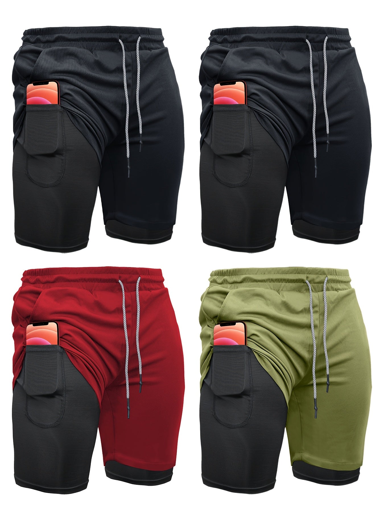 Mens 4 Piece 2 in 1 Sports Shorts with Inner Pocket