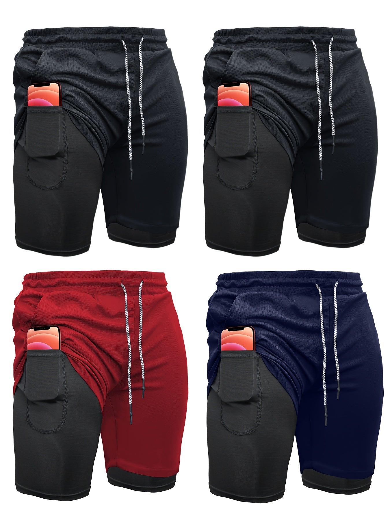 Mens 4 Piece 2 in 1 Sports Shorts with Inner Pocket