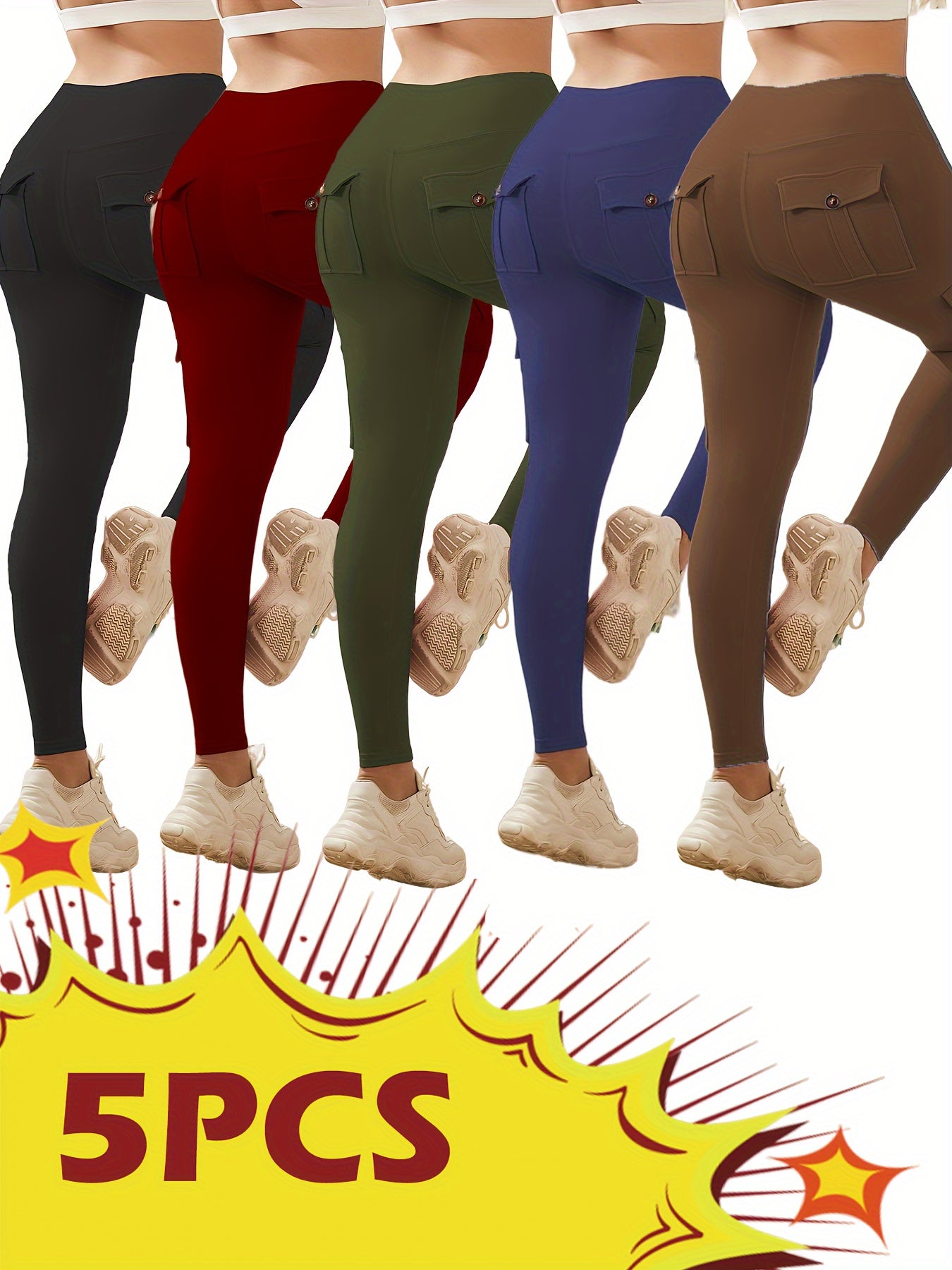 Womens 5 Piece High Waist Yoga Leggings with Pockets