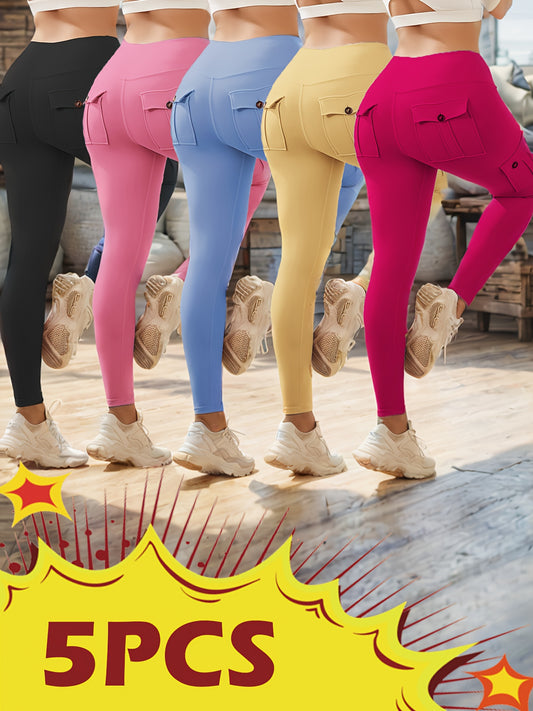 Womens 5 Piece High Waist Yoga Leggings with Pockets