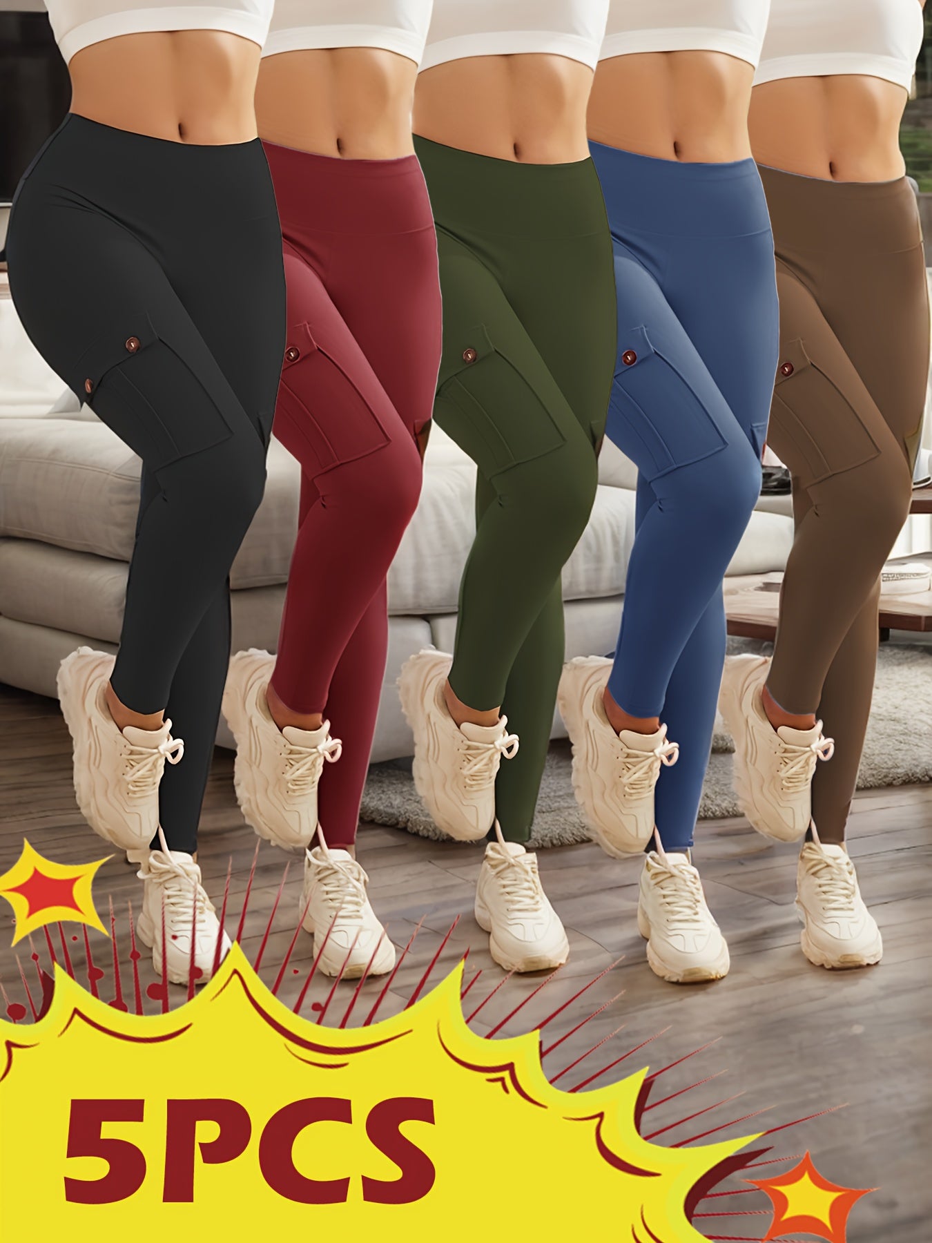 Womens 5 Piece High Waist Yoga Leggings with Pockets