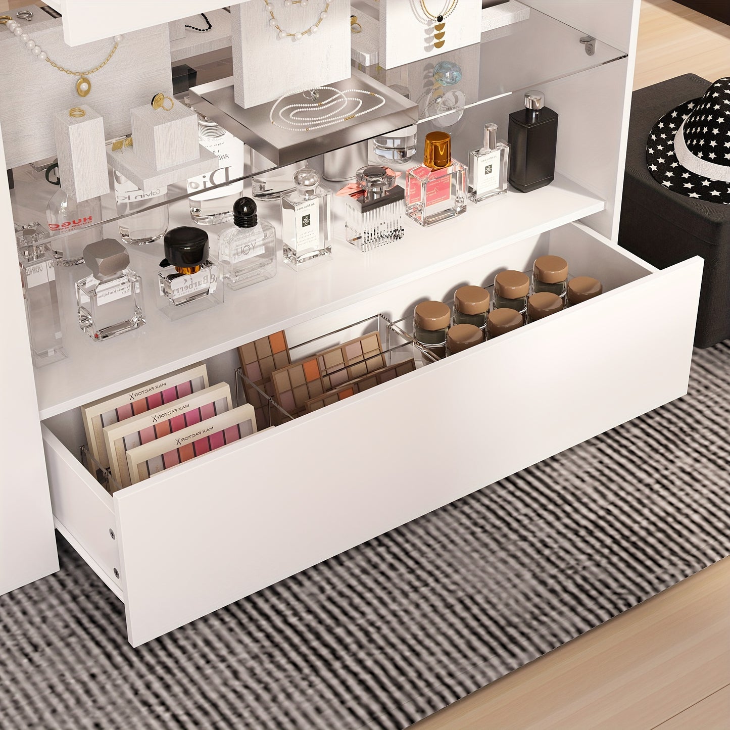 White Glass Top Dressing Island Organizer