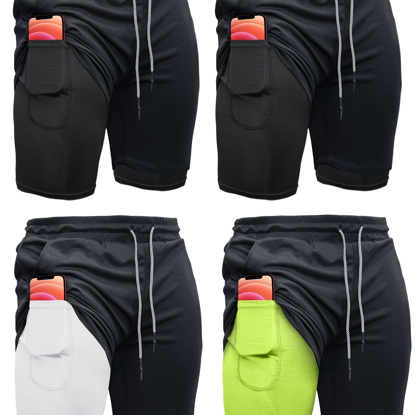 Mens 4 Piece 2 in 1 Sports Shorts with Inner Pocket