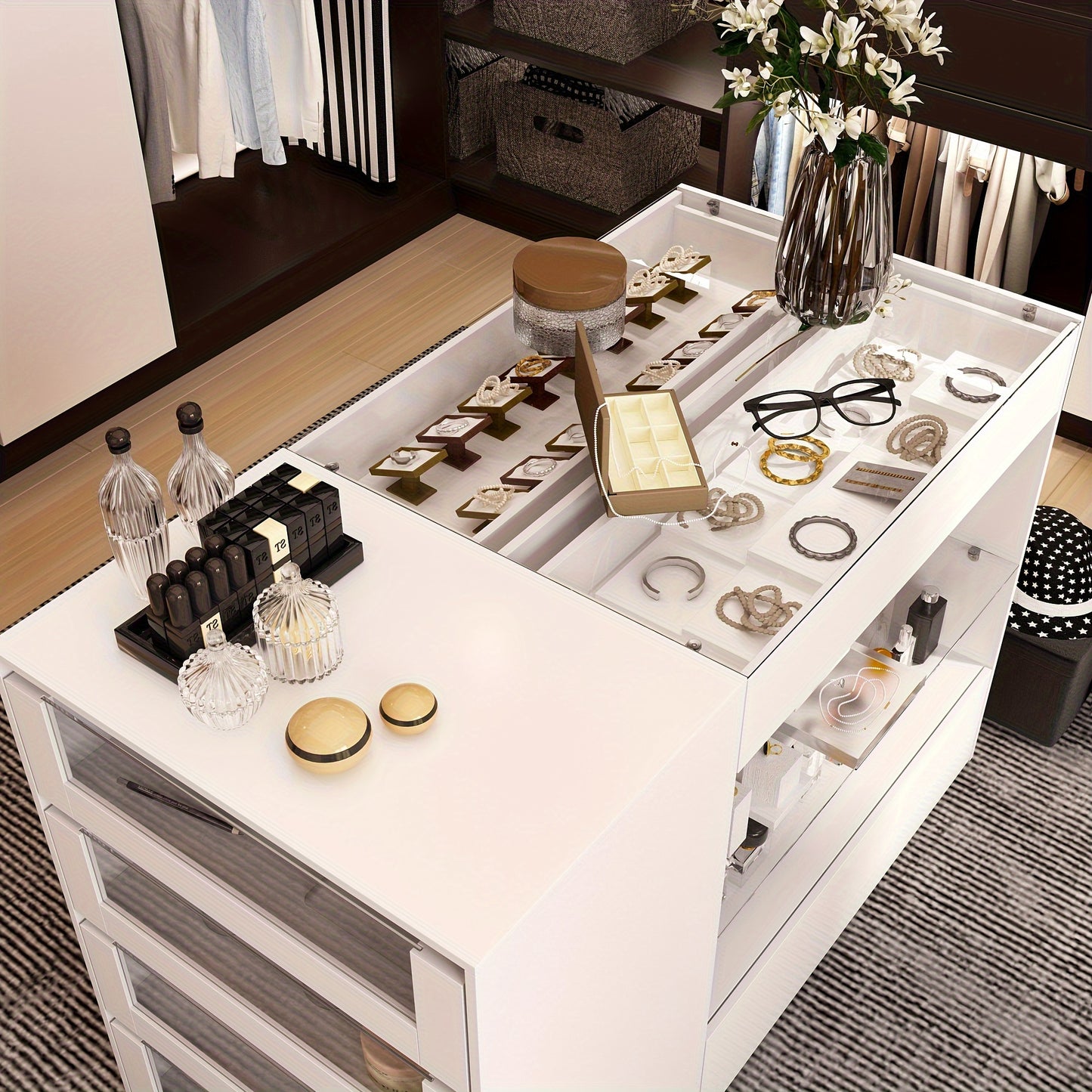 White Glass Top Dressing Island Organizer