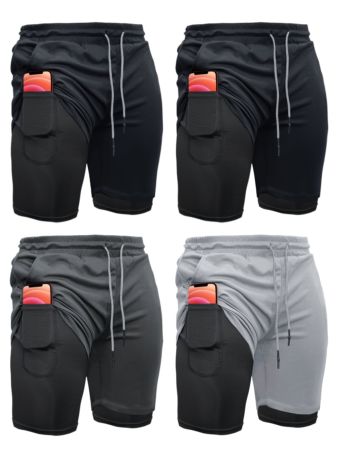 Mens 4 Piece 2 in 1 Sports Shorts with Inner Pocket