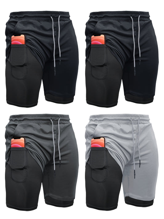 Mens 4 Piece 2 in 1 Sports Shorts with Inner Pocket