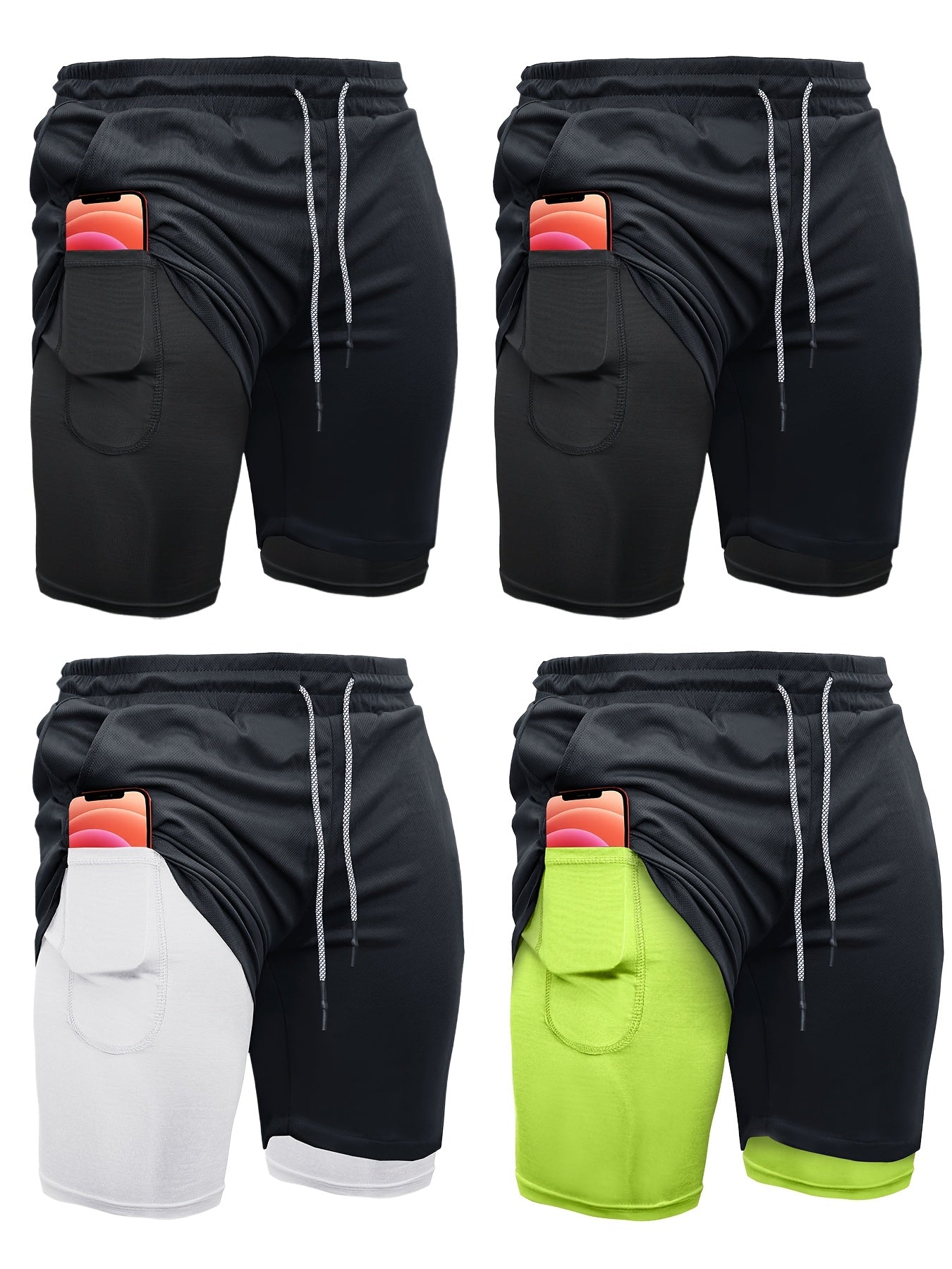 Mens 4 Piece 2 in 1 Sports Shorts with Inner Pocket