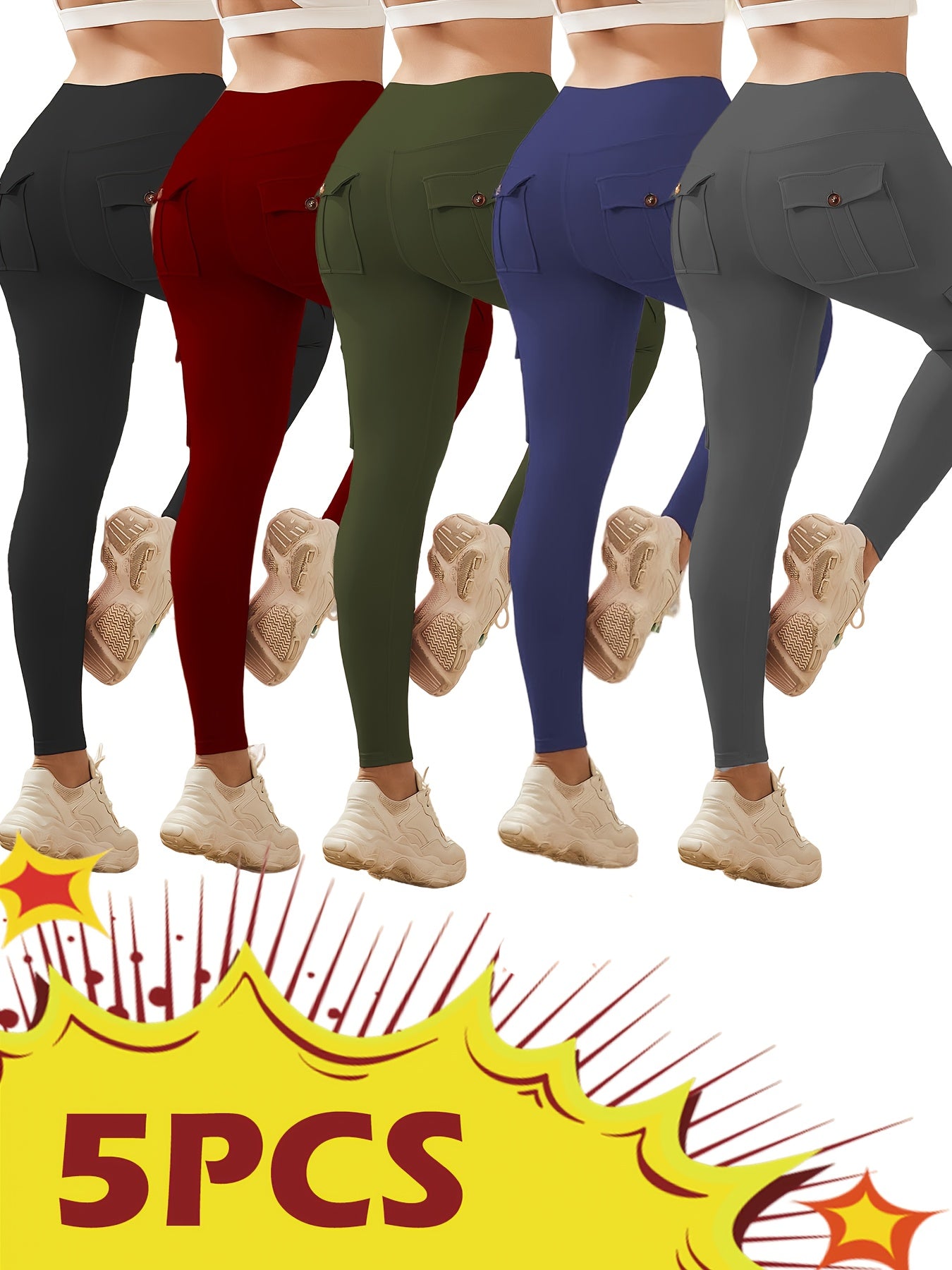 Womens 5 Piece High Waist Yoga Leggings with Pockets