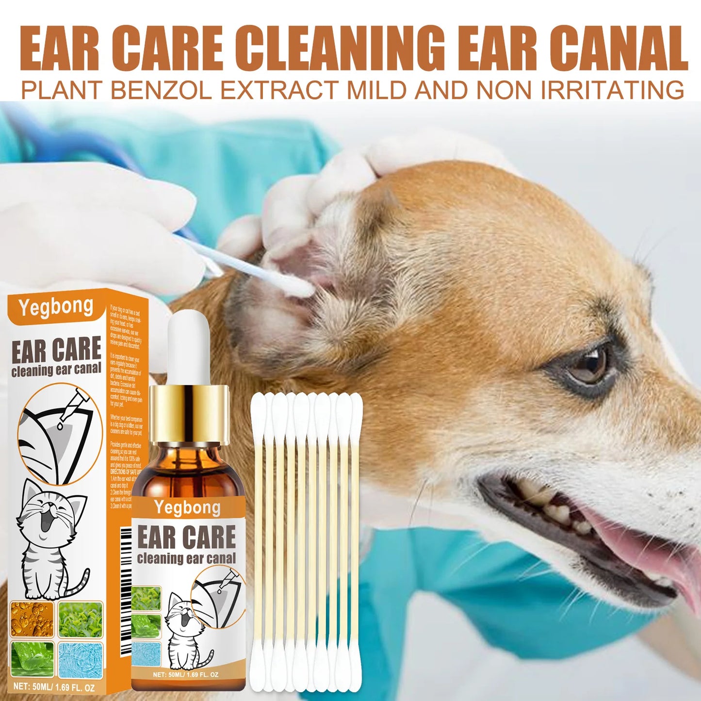 **Yegbong 50ml Pet Ear Cleaner and Itch Relief Wash with Cotton Swab**