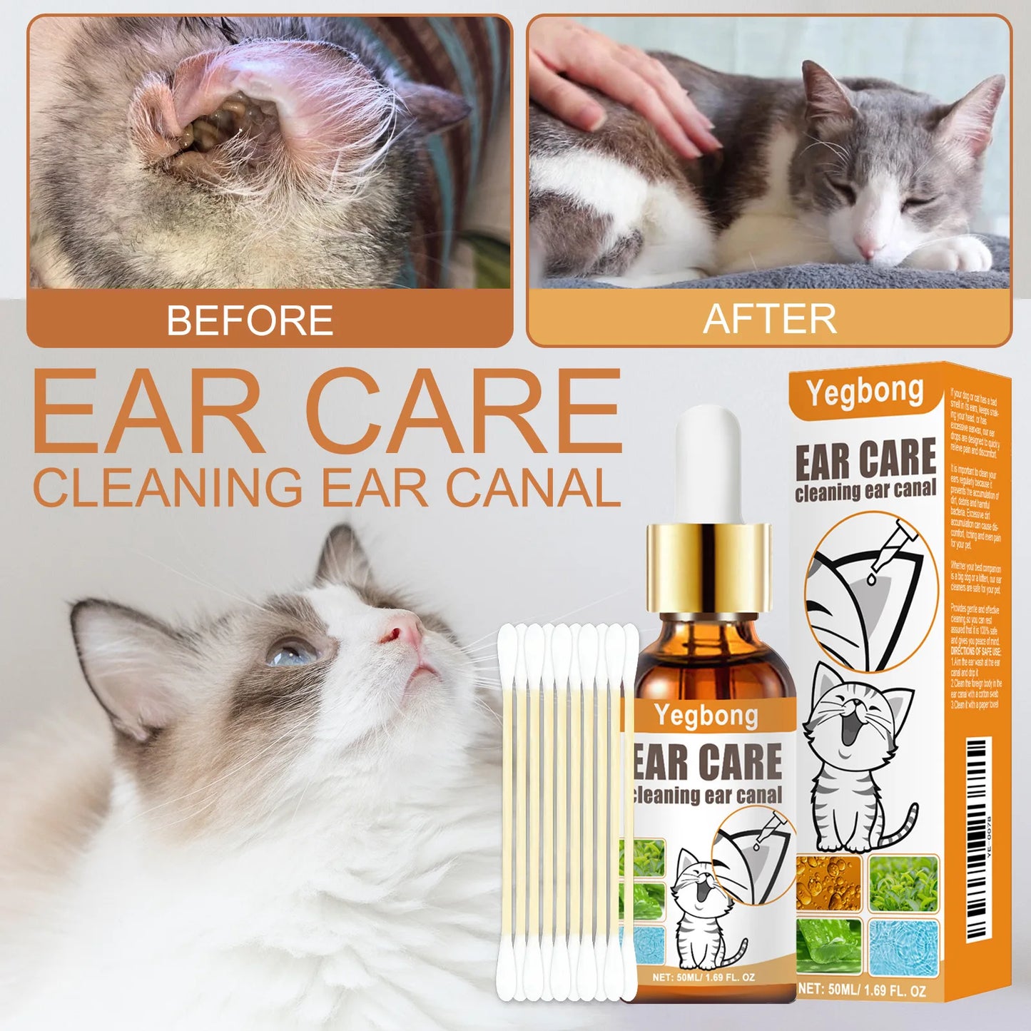 **Yegbong 50ml Pet Ear Cleaner and Itch Relief Wash with Cotton Swab**