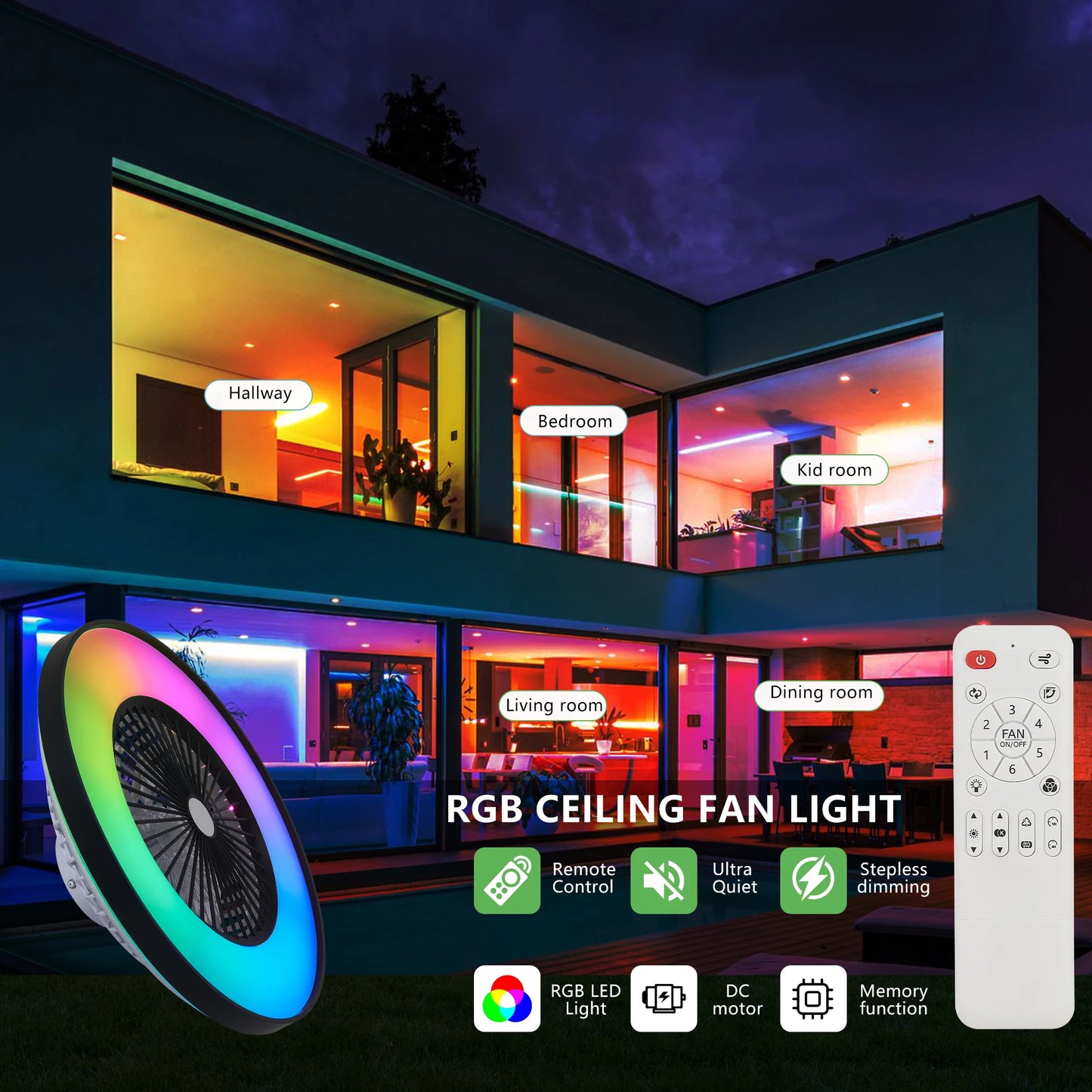 Smart RGB LED Ceiling Fan with Remote and App Control