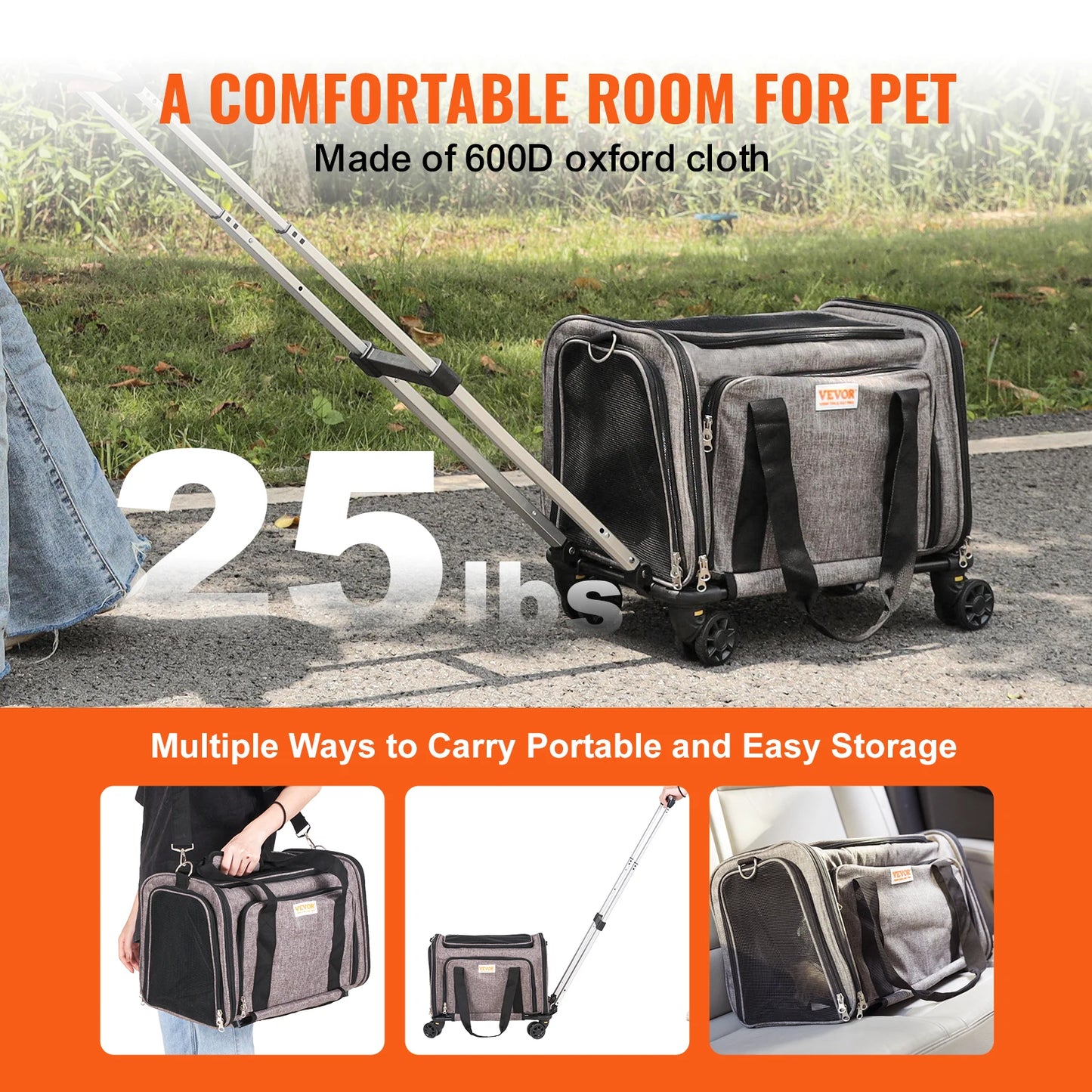 VEVOR Rolling Pet Carrier Backpack with Wheels Telescopic Handle and Shoulder Strap for Travel