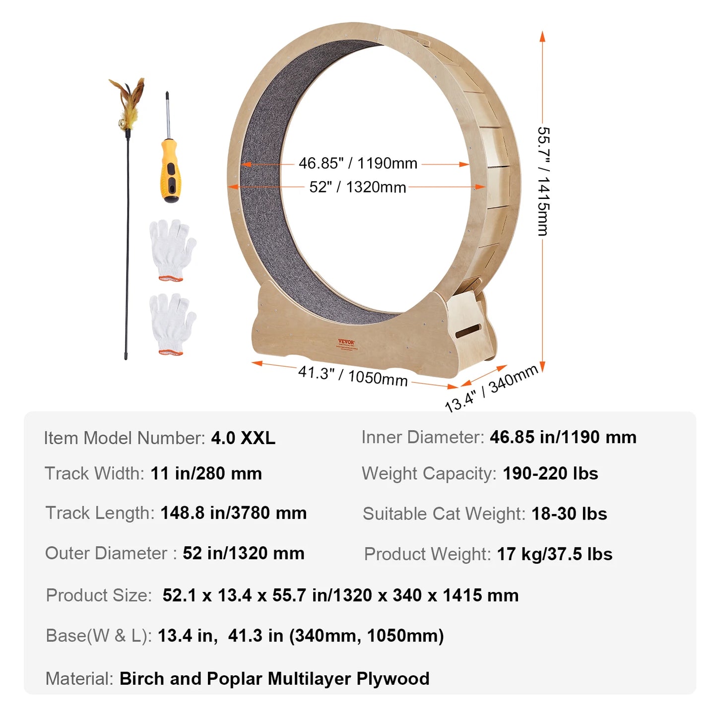 VEVOR Wooden Cat Exercise Wheel Silent Treadmill with Detachable Carpet