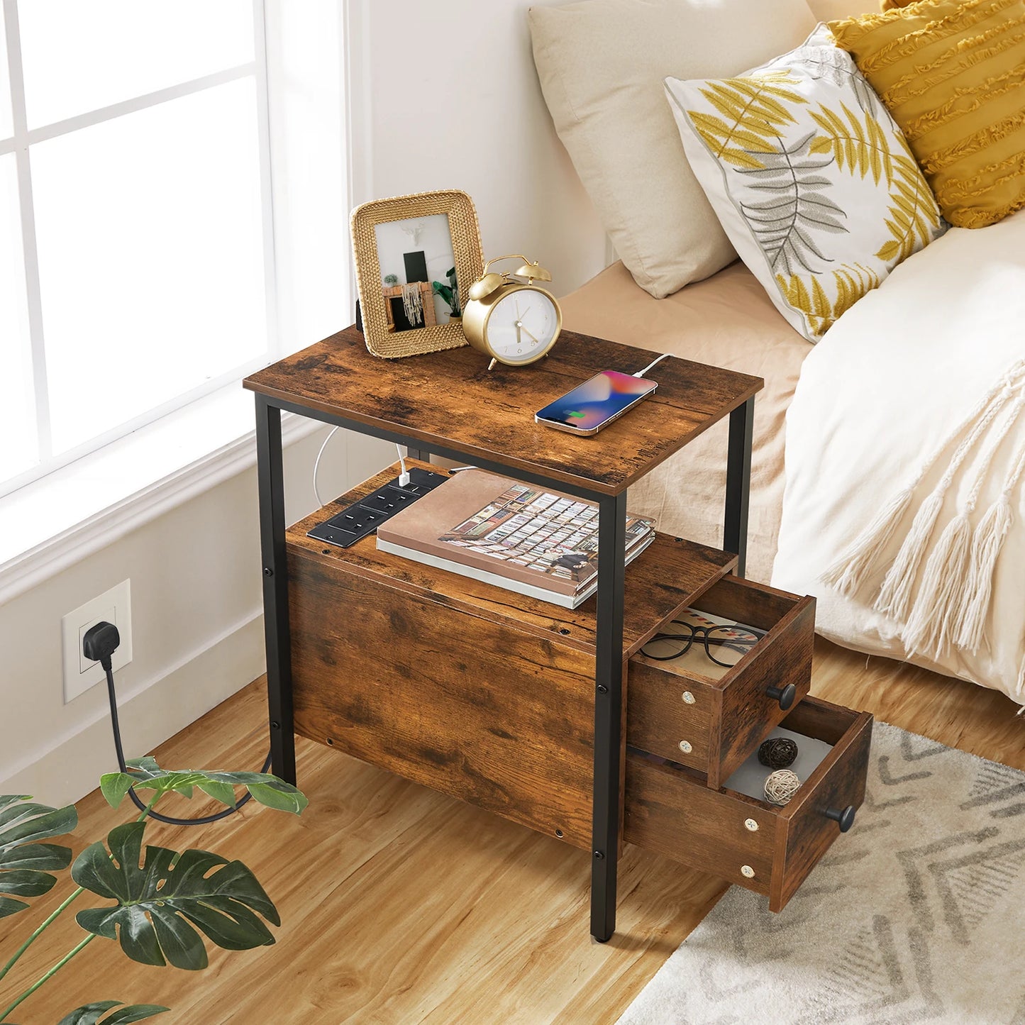 Rustic Nightstand with Charging Station and Storage Drawers