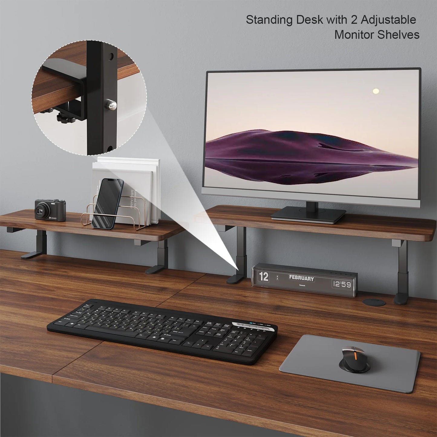 Electric Standing Desk with Adjustable Height and Dual Monitor Shelves
