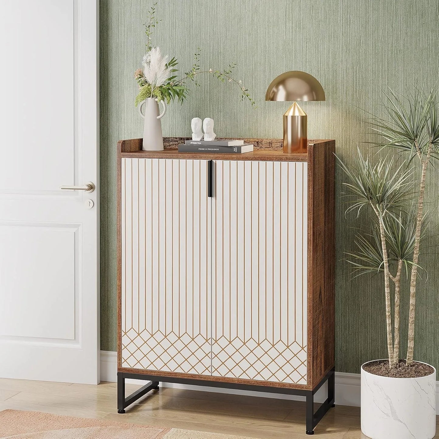 5 Tier Wood Shoe Cabinet with Doors for Entryway Storage