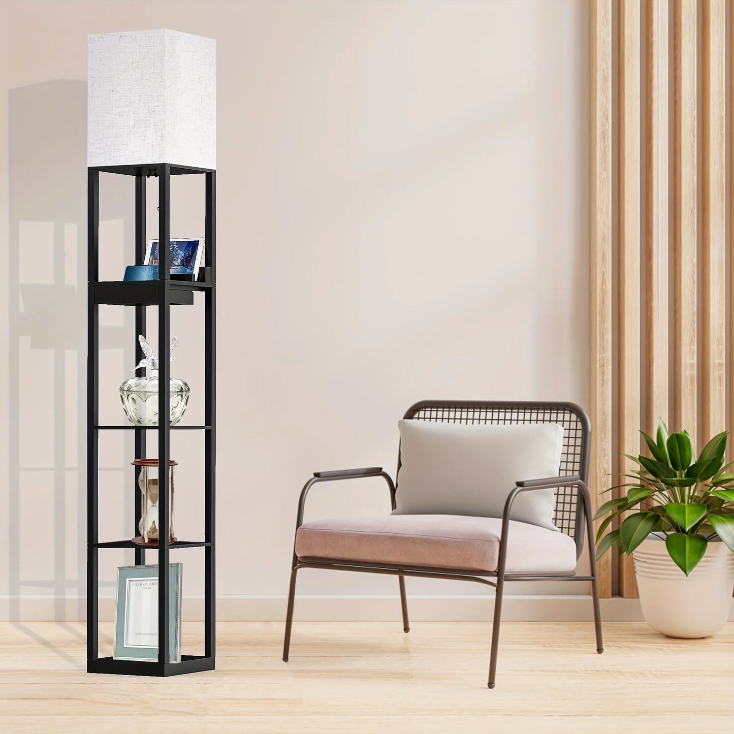 67 Inch Solid Wood Floor Lamp with Shelves USB Ports Storage Drawer and LED Bulb