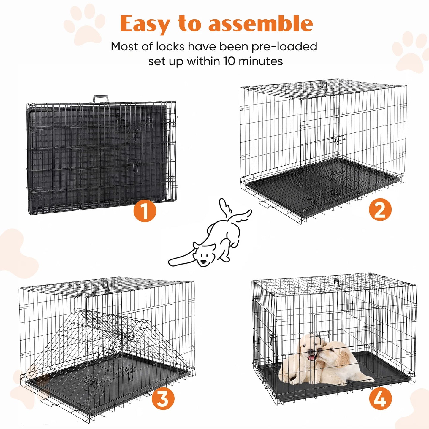 Foldable Metal Dog Crate with Double Doors & Leak-Proof Tray