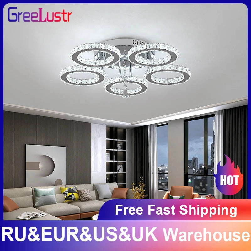Modern K9 Crystal LED Chandelier 3 Ring Ceiling Light Fixture