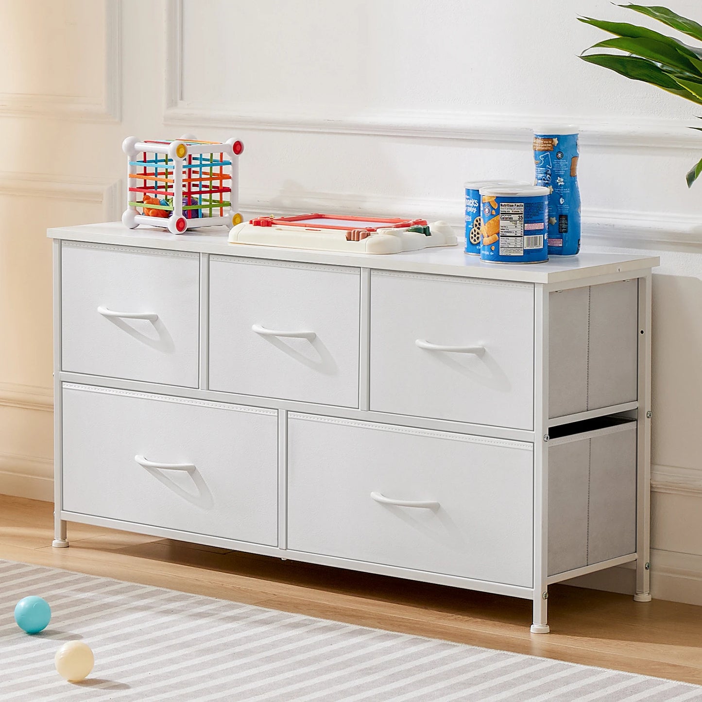 Modern 5-Drawer Storage Cabinet with Steel Frame & Fabric Bins