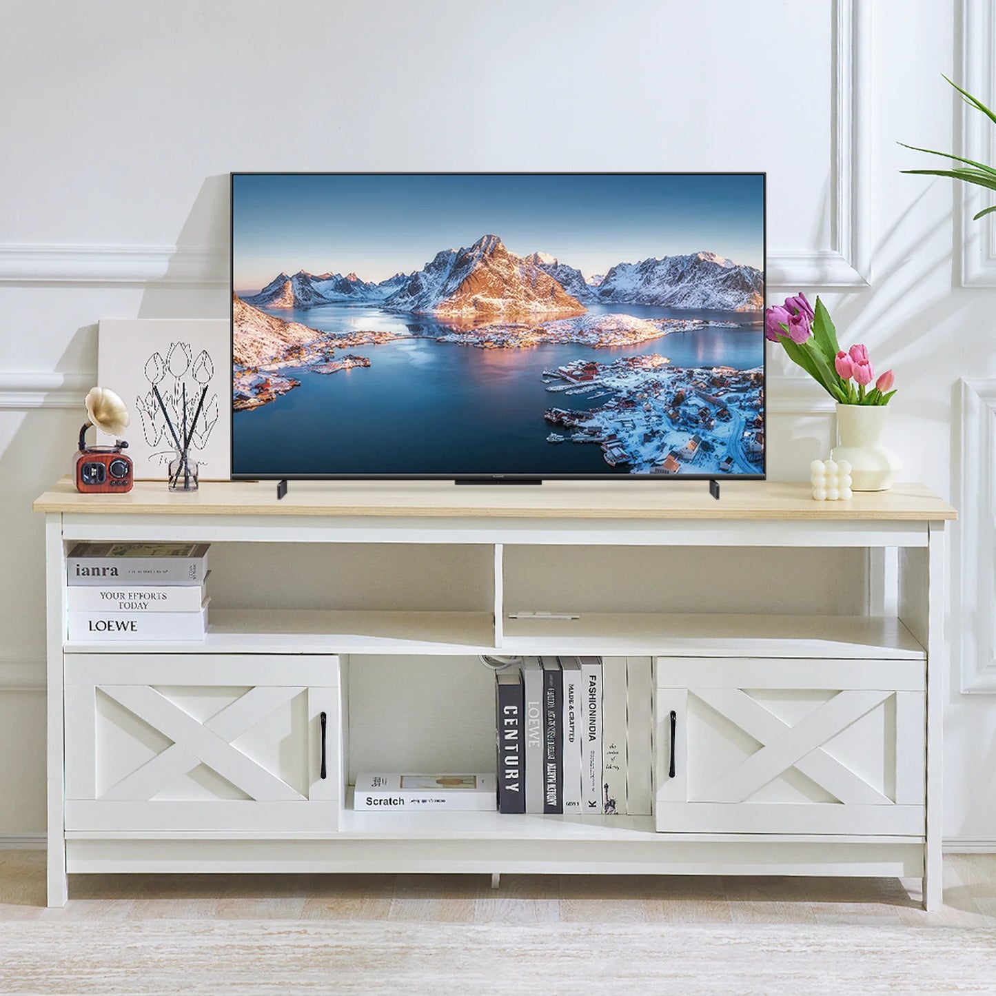 Modern Farmhouse TV Stand for TVs Up to 65 Inches with Storage & Power Outlet