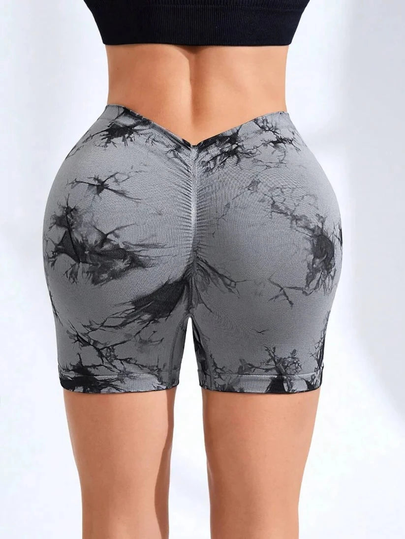 Tie Dye High Waist V Back Scrunch Seamless Yoga Shorts for Women